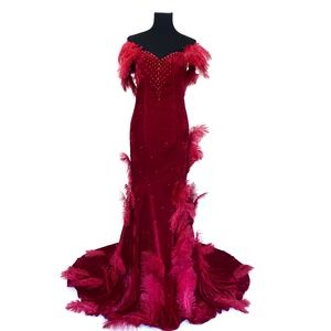Scarlett O'Hara Burgundy Red Velvet Feather Gown